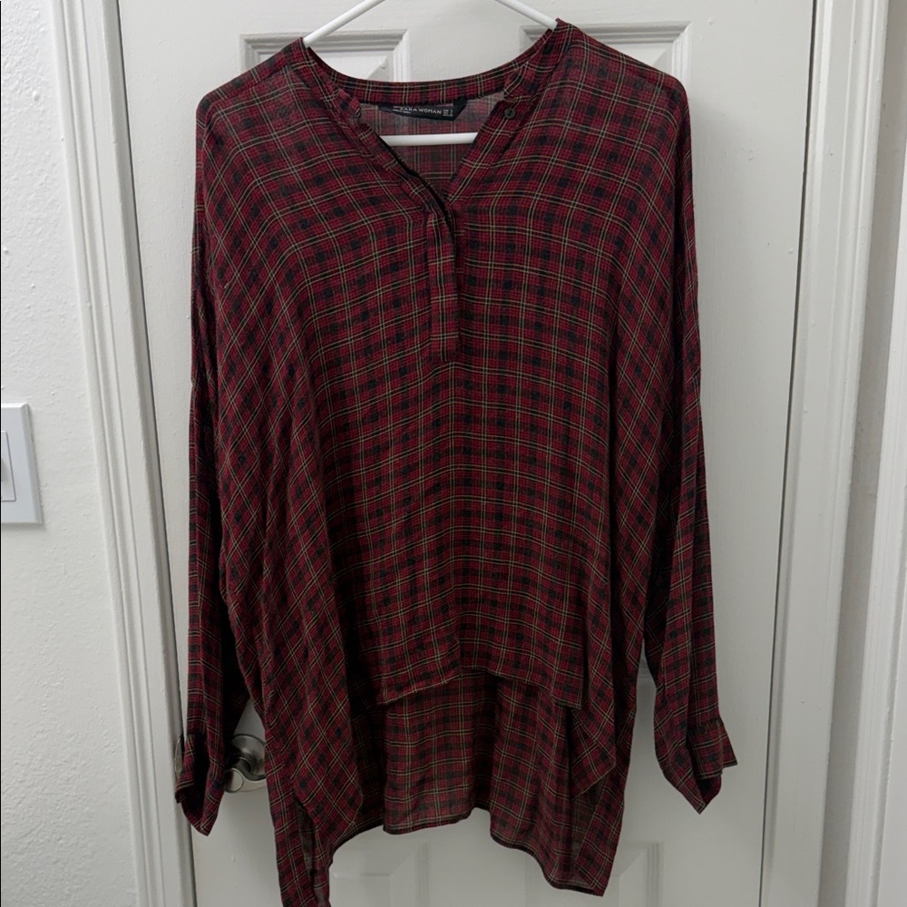 Zara Woman Red Plaid Long Sleeve Blouse small
